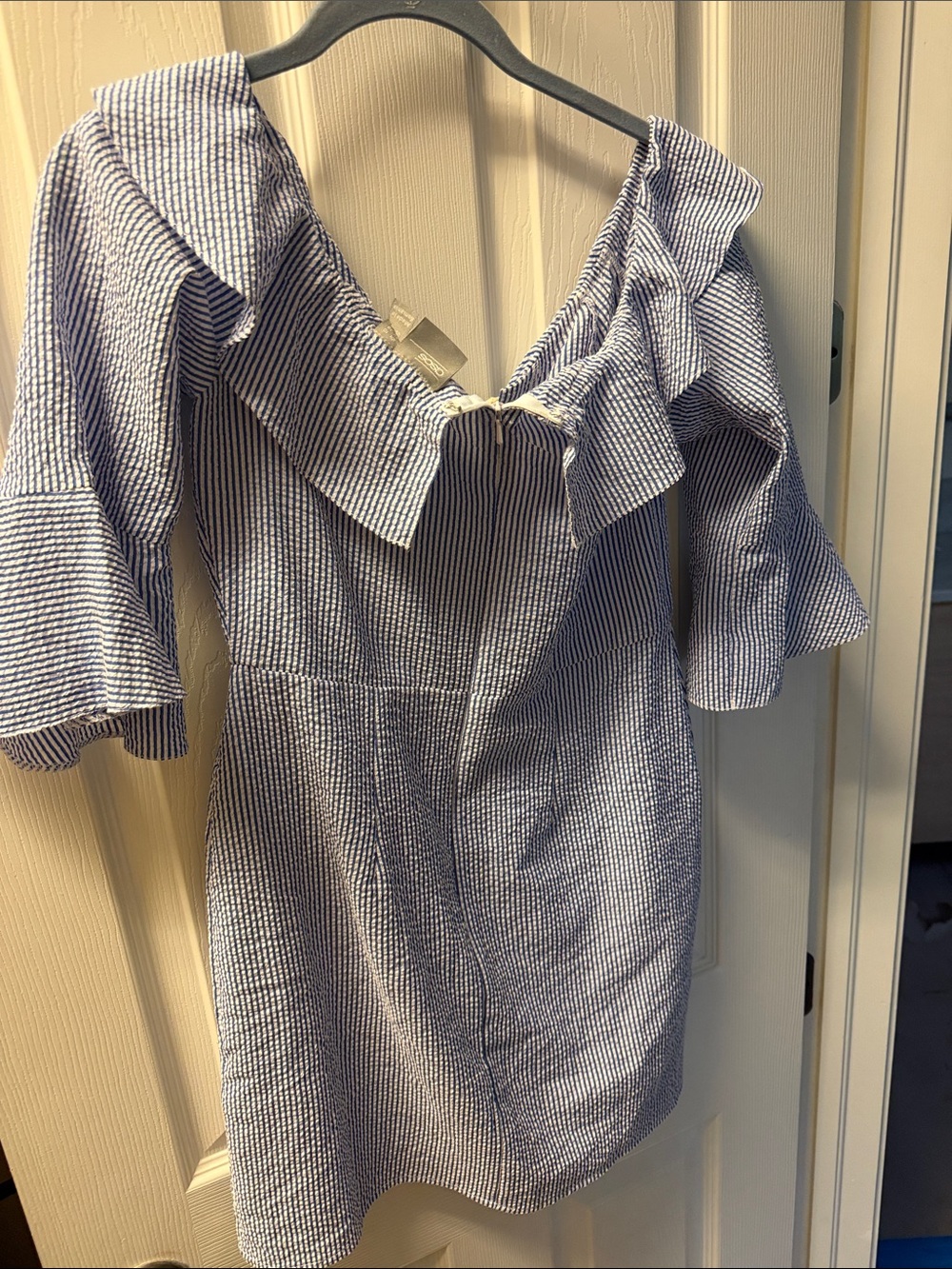 ASOS Blue Striped Off-Shoulder Ruffle Dress - Picture 3 of 3